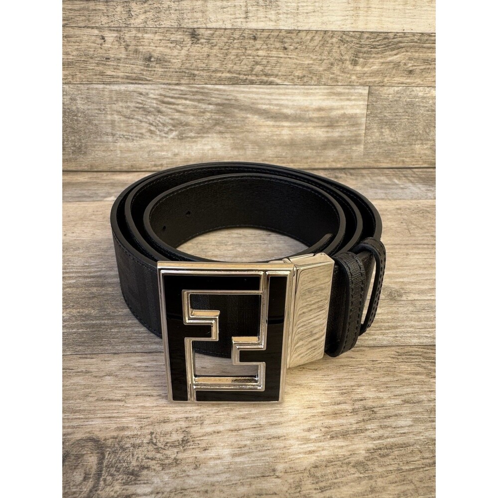 Fendi Reversible Belt Silver FF Buckle Black Leather Zucca 51” Made in Italy
